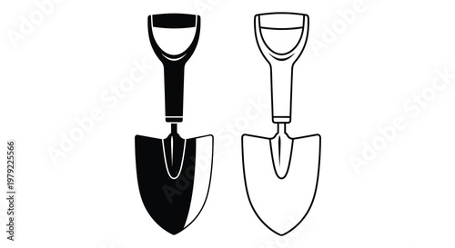 Two gardening tools a black shovel and a white trowel side by side