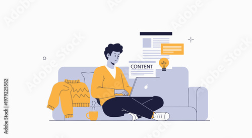 Man working on laptop on couch, content creation, remote work, freelance, idea generation