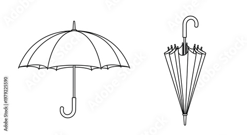 Two black and white line drawings depicting open and closed umbrellas