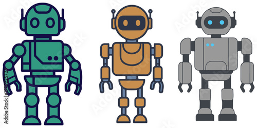 Three colorful flat design robots standing together in line eps 10