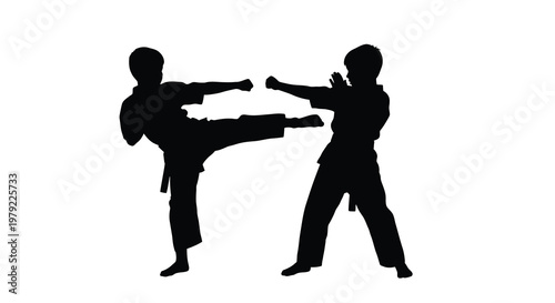 Two figures practicing martial arts with a dynamic pose silhouette