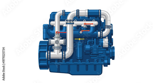 Heavy-duty blue industrial engine block featuring complex silver piping and mechanical control systems for high-performance power generation applications.