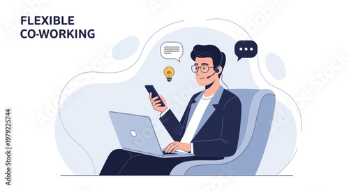 Man working in flexible co-working space with laptop, phone, and headset