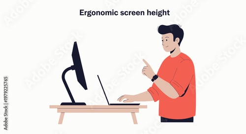 Man working at standing desk with ergonomic screen height