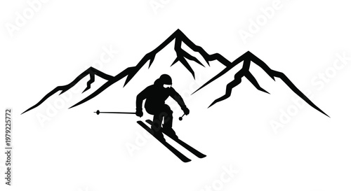 A skier descends a mountain slope in a striking black silhouette