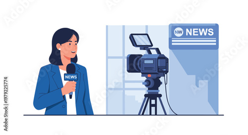 Professional female news anchor holding a microphone in front of a studio camera and a large branding screen for a television broadcast news segment.