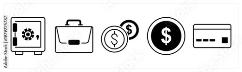 A set of 5 mix icons as locker, portfolio, cash