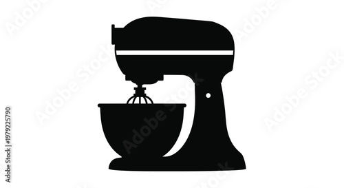 A stark black silhouette of a vintage stand mixer