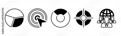 A set of 5 mix icons as pie chart, dartboard, focus