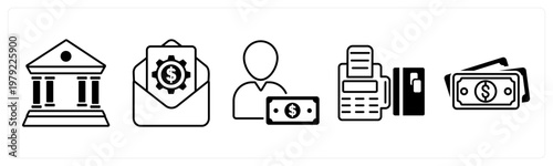 A set of 5 mix icons as bank, increment letter, cashier