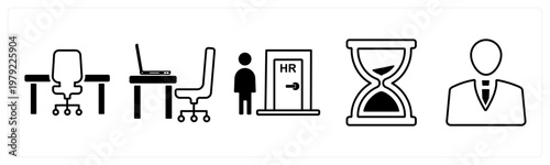 A set of 5 mix icons as office table, human resources, sandglass