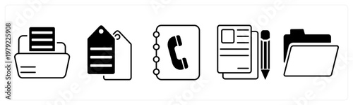 A set of 5 mix icons as folder, tag, contact book, article writing