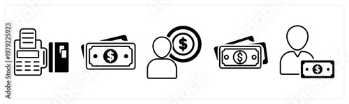 A set of 5 mix icons as card swipe machine, cash, accountant