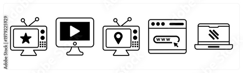 A set of 5 mix icons as television, online video, www