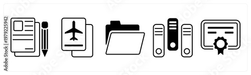 A set of 5 mix icons as article writing, passport, folder