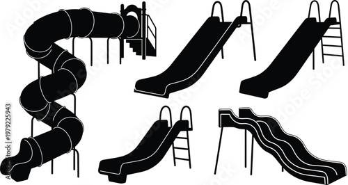 Playground equipment including slides and tunnels a black silhouette