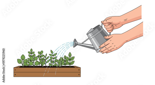 Two hands operate a sleek metallic silver watering can to hydrate small green sprouts arranged inside a rustic wooden planter box on a light surface.