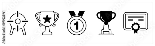 A set of 5 mix icons as dartboard, trophy, medal