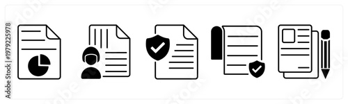A set of 5 mix icons as report chart, managed document, approved document