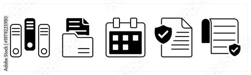 A set of 5 mix icons as files, folder, schedule