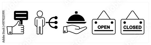 A set of 5 mix icons as feedback, work responsibility, serve