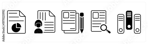 A set of 5 mix icons as report chart, managed document, article writing