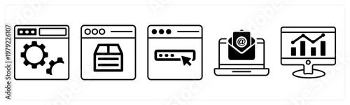 A set of 5 mix icons as webpage settings, webpage design, online mail