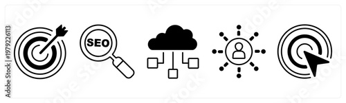 A set of 5 mix icons as target, seo, cloud computing