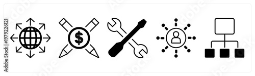 A set of 5 mix icons as worldwide, cash out, repair tools