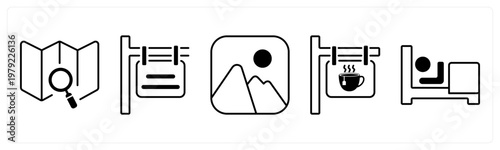 A set of 5 mix icons as navigation, direction, mountain
