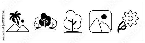 A set of 5 mix icons as mountain, forest, tree