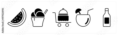 A set of 5 mix icons as watermelon, ice cream, serving trolley