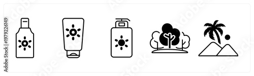 A set of 5 mix icons as body lotion, sunscreen, forest
