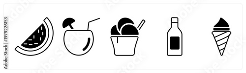 A set of 5 mix icons as watermelon, coconut water, ice cream