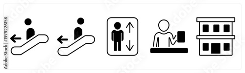 A set of 5 mix icons as escalator, lift, receptionist