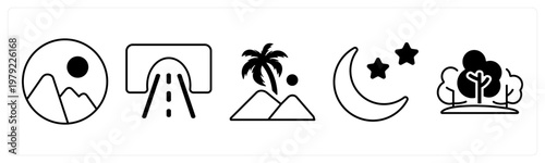 A set of 5 mix icons as nature, road, mountain