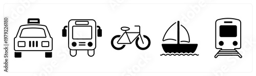 A set of 5 mix icons as taxi, travel bus, bicycle