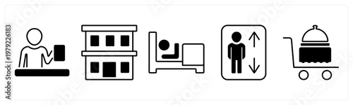 A set of 5 mix icons as receptionist, hotel, rest