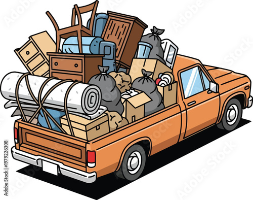 Pickup truck loaded with old furniture, mattress, and trash bags for junk removal and home cleanout service, flat vector illustration