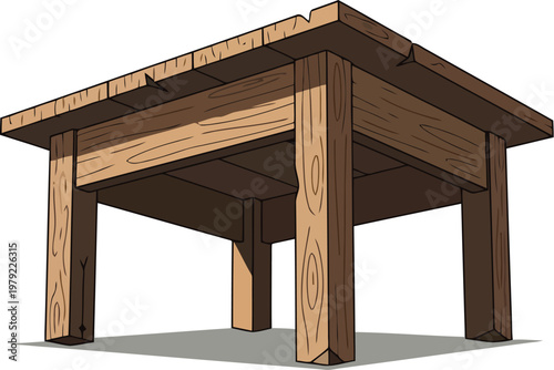 Rustic wooden square coffee table or dining table with detailed wood grain, solid timber furniture for home interior and decor, flat vector illustration