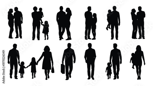 A collection of black silhouettes depicts diverse groups of people including families and couples interacting and walking high quality professional detailed