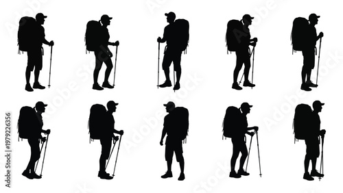 A collection of silhouettes depicting hikers with backpacks and trekking poles showcasing various poses and perspectives high quality professional detailed modern