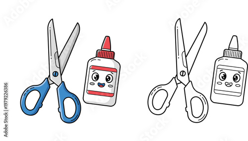 Cute kawaii scissors and glue bottle cartoon illustration. Set of colorful and black and white outline versions for kids coloring book or back to school stationery design.