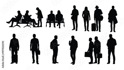 A collection of black silhouettes depicts people in various airport or travel related poses and activities high quality professional detailed modern