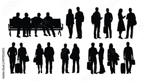 A collection of black silhouettes depicting diverse groups of people standing sitting and walking in public spaces high quality professional detailed