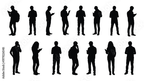 A collection of black silhouettes depicts diverse people engrossed in their mobile phones representing modern connectivity high quality professional detailed elegant