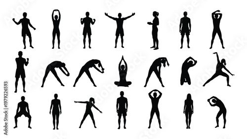 A collection of black silhouettes depicts diverse people performing various stretching and exercise poses against a white background high quality professional