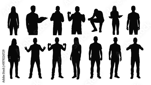 A collection of diverse black silhouettes depicting various human poses and activities including standing sitting and gesturing high quality professional detailed