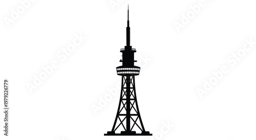 Tall communication tower against a white backdrop striking silhouette