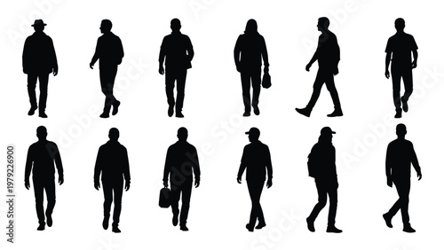 A collection of twelve black silhouettes depicting diverse people walking in various casual poses against a white background high quality professional